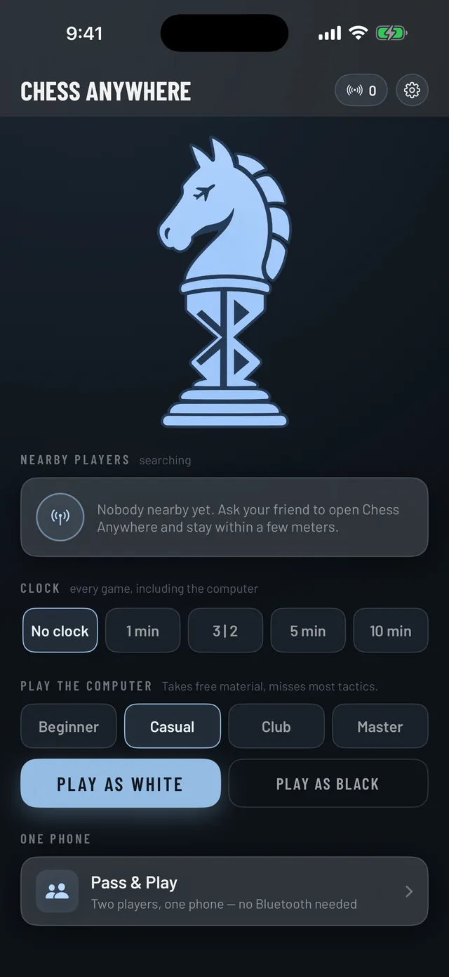 Chess Anywhere on iPhone — lobby, dark mode
