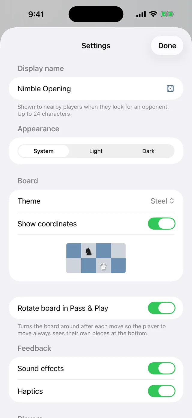 Chess Anywhere on iPhone — settings